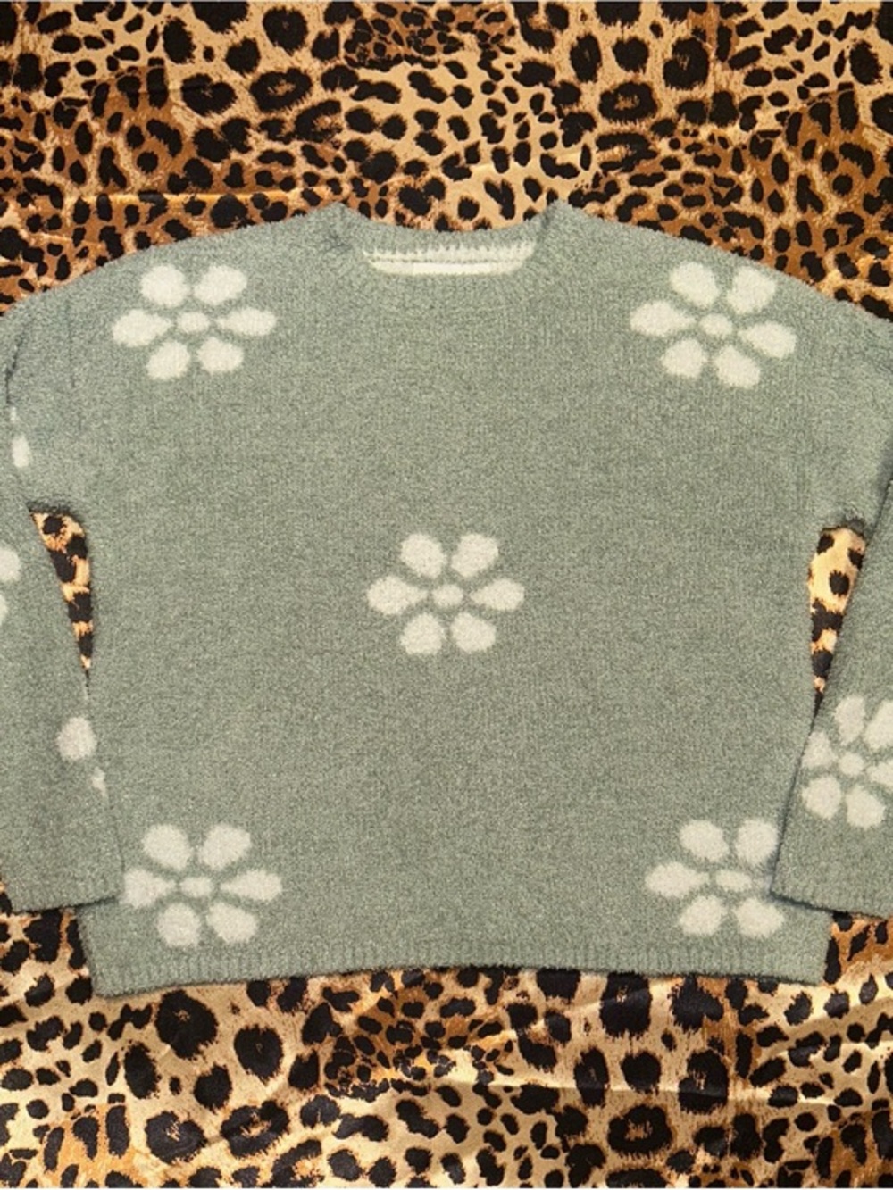 Cupcakes and Cashmere Sage Green Daisy Flower Fuzzy Knit Sweater